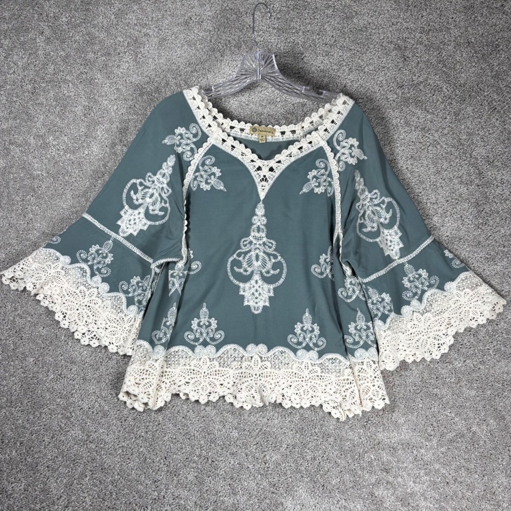 Democracy‎ Womens Medium Blue Green Embroidered Crochet Lace Bell Sleeve Top